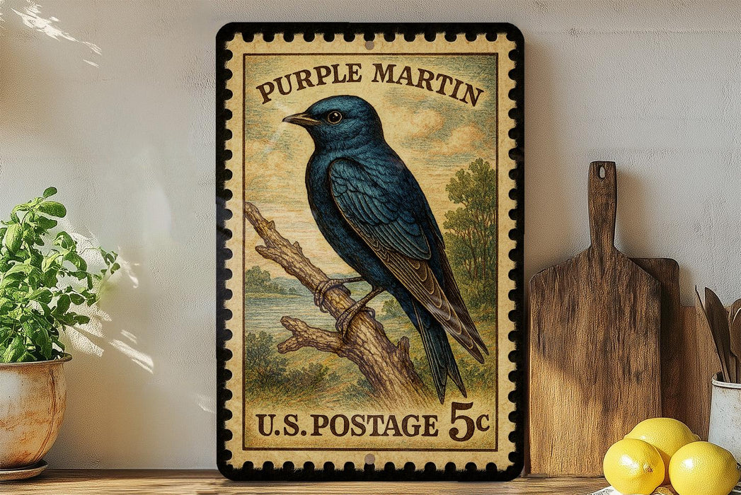 Purple Martin Vintage Stamp Style Metal Sign, Purple Martin Bird Decor, Backyard Birding Gift, Nature Wildlife Wall Sign