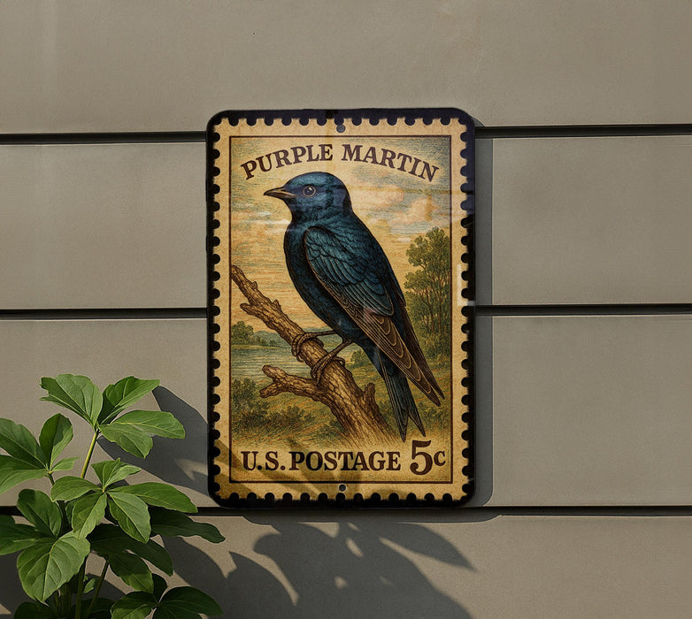 Purple Martin Vintage Stamp Style Metal Sign, Purple Martin Bird Decor, Backyard Birding Gift, Nature Wildlife Wall Sign