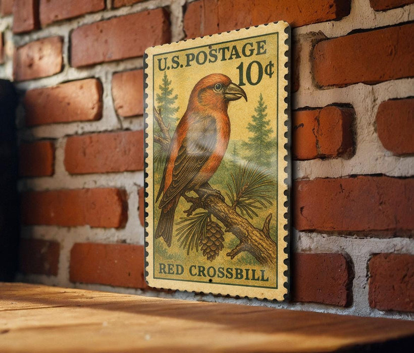 A U.S. postage stamp featuring a red bird perched on a branch, with the text "U.S. POSTAGE 10¢" and "RED CROSSBILL" printed on it.