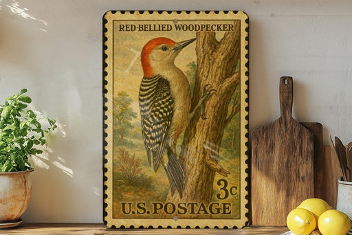 A framed vintage postage stamp depicting a red-bellied woodpecker, with a potted plant and kitchen utensils visible in the background.