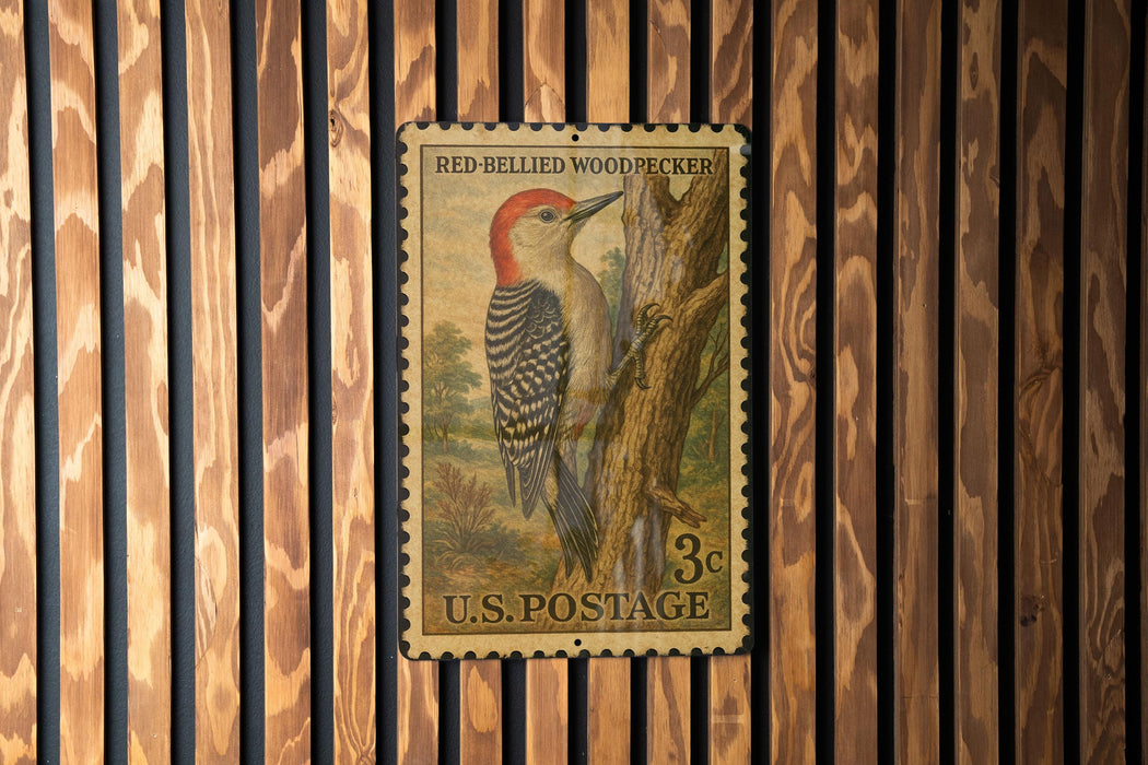 A U.S. postage stamp featuring a red-bellied woodpecker is displayed on a wooden wall.