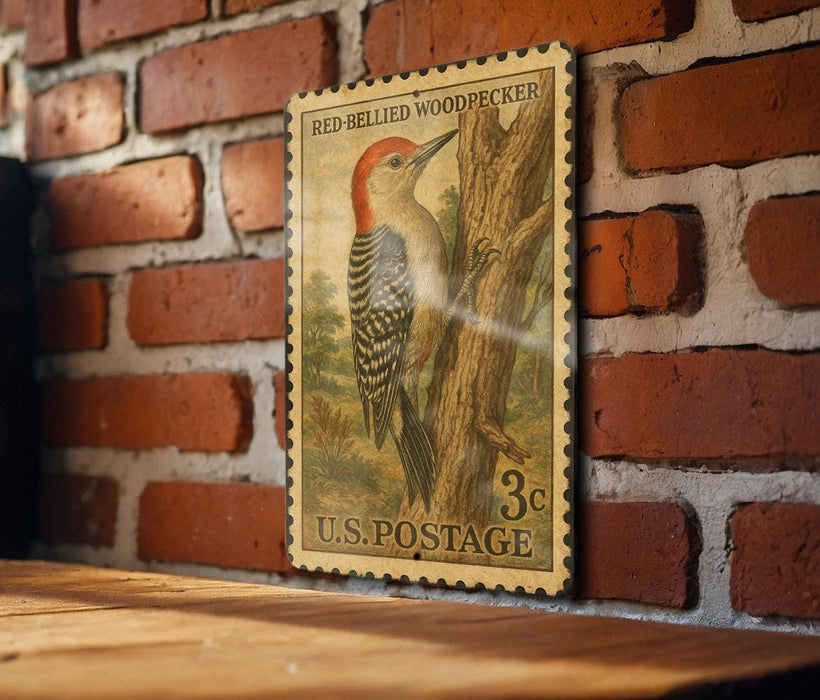 A vintage U.S. postage stamp featuring a red-bellied woodpecker perched on a tree, mounted on a brick wall.