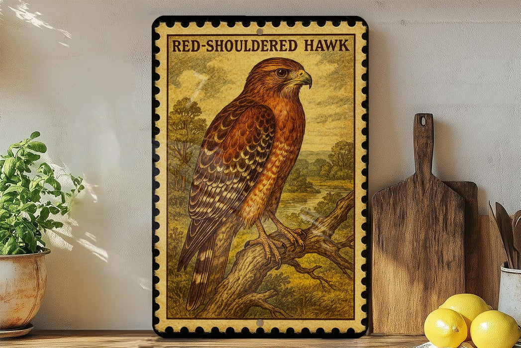 A framed illustration of a red-shoulderred hawk is displayed on a wall, with a wooden cutting board and a potted plant to the side.
