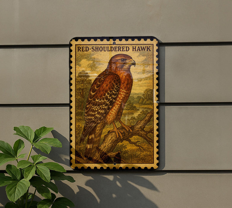 a framed illustration of a red-shoed hawk perched on a branch, with a plant in the foreground.