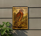 a framed illustration of a red-shoed hawk perched on a branch, with a plant in the foreground.