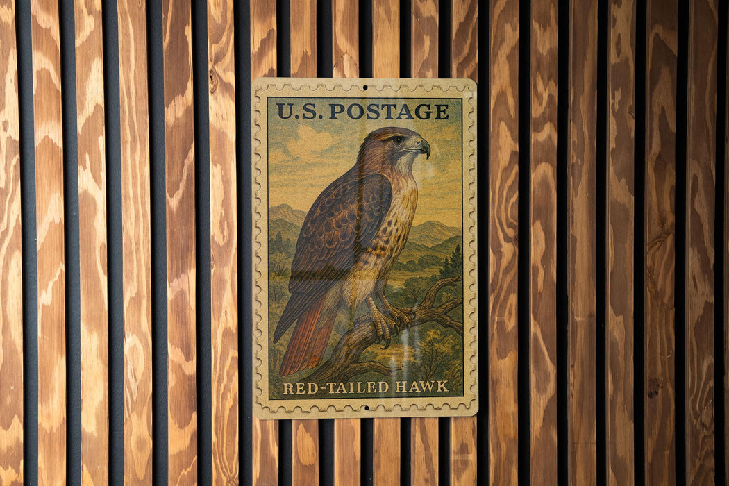 A U.S. postage stamp featuring a red-tailed hawk is displayed on a wooden wall.