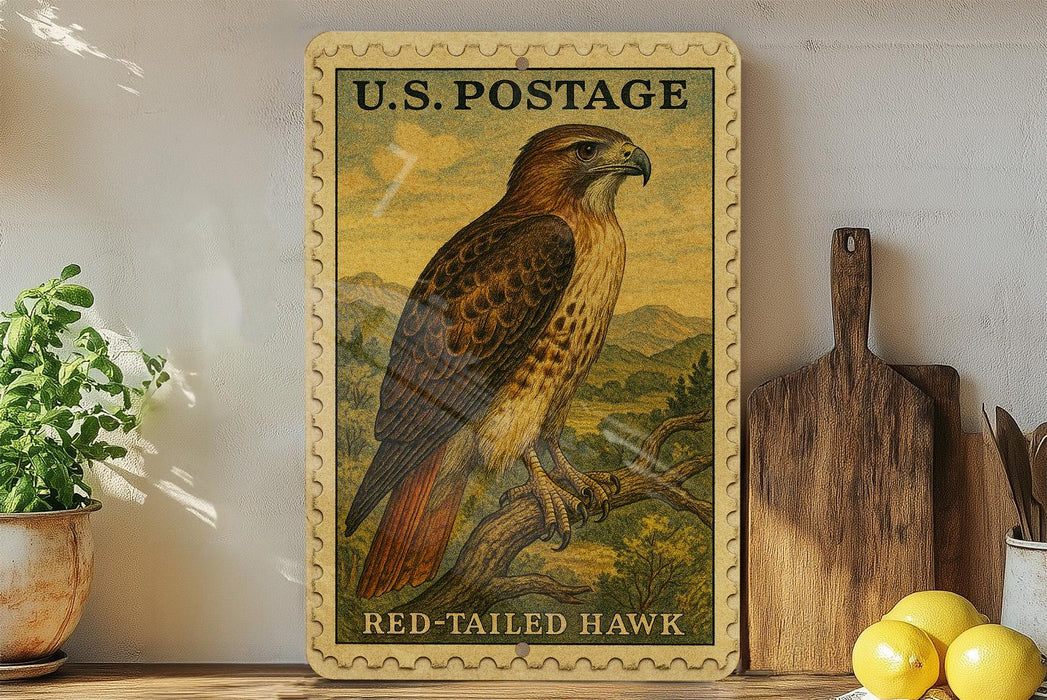 A framed vintage U.S. postage stamp depicting a red-tailed hawk is displayed on a shelf next to a wooden cutting board and a potted plant.