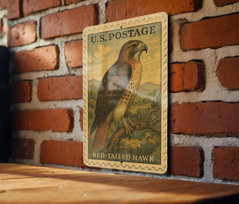 A vintage U.S. postage stamp featuring a red-tailed hawk is displayed on a brick wall.