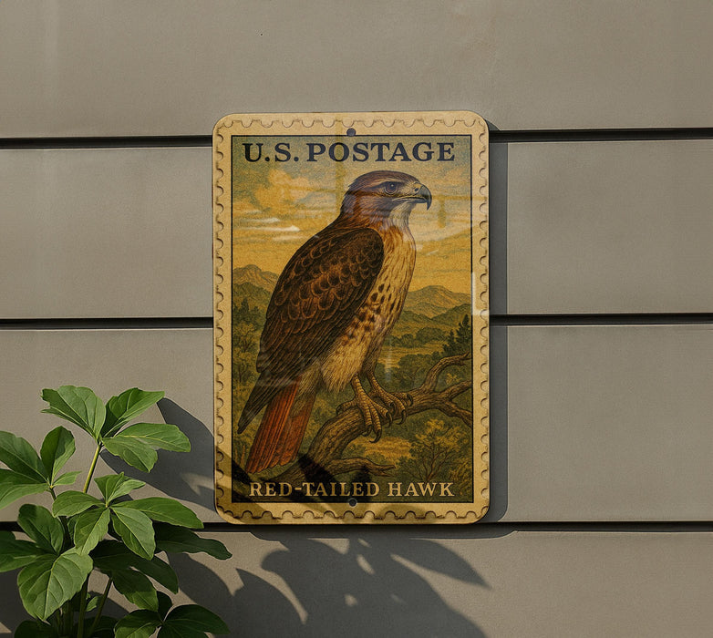 A U.S. postage stamp featuring a red-tailed hawk is displayed on a wall, with a plant visible to the left.