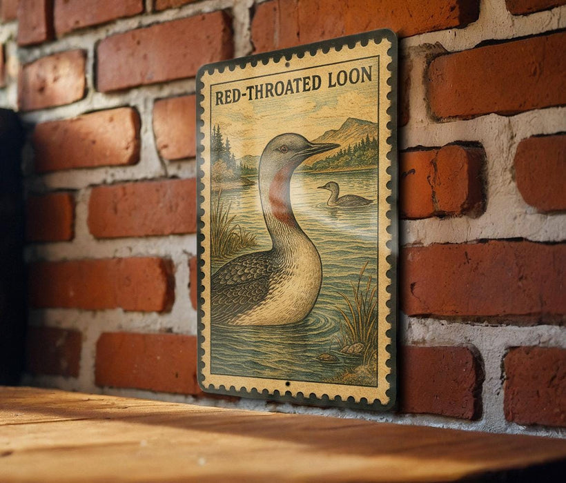 A vintage-style metal sign with a loon illustration is mounted on a brick wall.