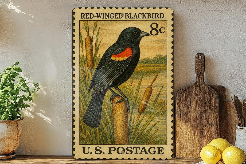 A framed vintage postage stamp depicting a blackbird, with a price of 8 cents, is displayed on a shelf next to a wooden cutting board and some lemons.