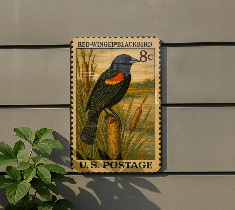 A postage stamp featuring a red-winged blackbird, with the text "RED-WINGED BLACKBIRD 8c" and "U.S. POSTAGE" printed on it.