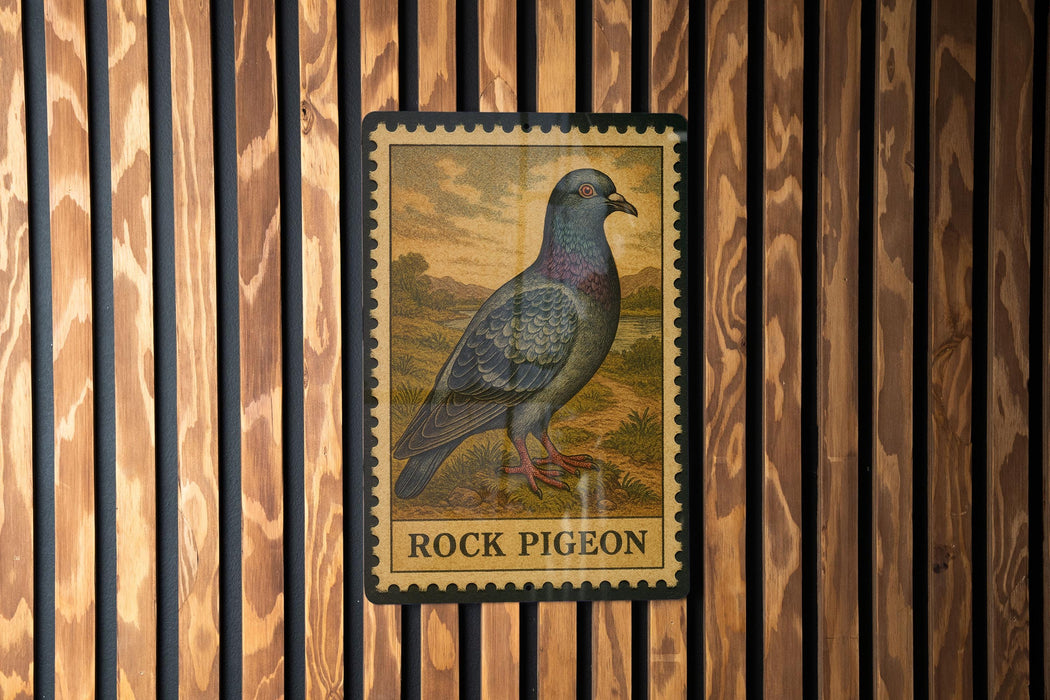 A postage stamp featuring a detailed illustration of a rock pigeon is displayed on a wooden wall.