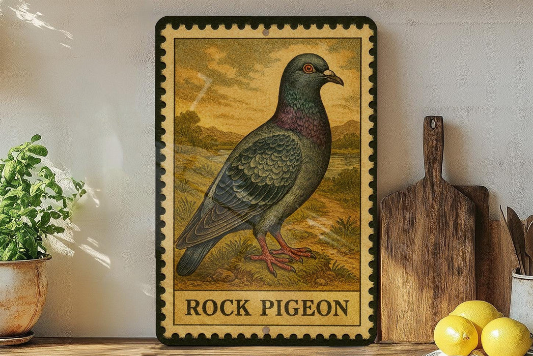 A framed illustration of a rock pigeon is displayed on a shelf, accompanied by a wooden cutting board, a potted plant, and some lemons.