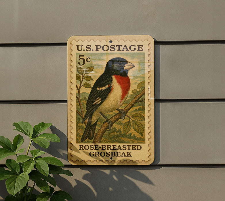 A U.S. postage stamp featuring a colorful bird, specifically a rose-breasted grosbeak, perched on a branch.