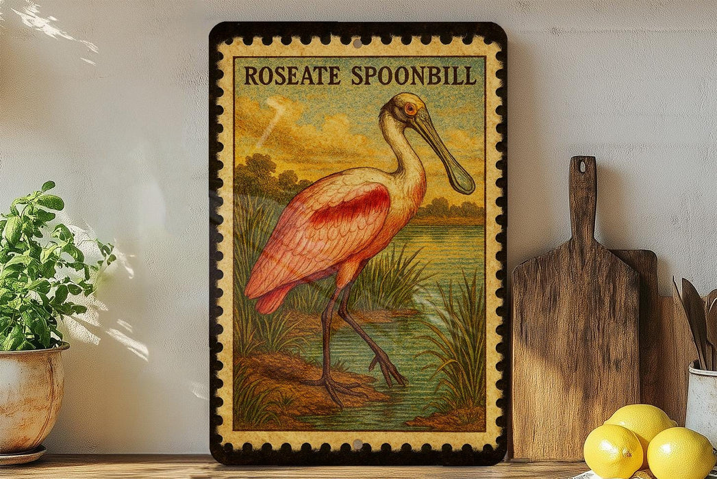 A framed illustration of a pink spoonbill bird is displayed on a shelf, accompanied by a wooden cutting board, a potted plant, and some lemons.