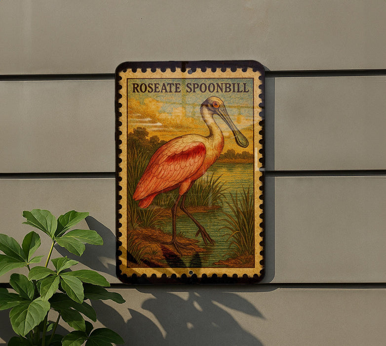 A vintage-style metal sign featuring an illustration of a pink spoonbill bird, mounted on a wall next to a plant.