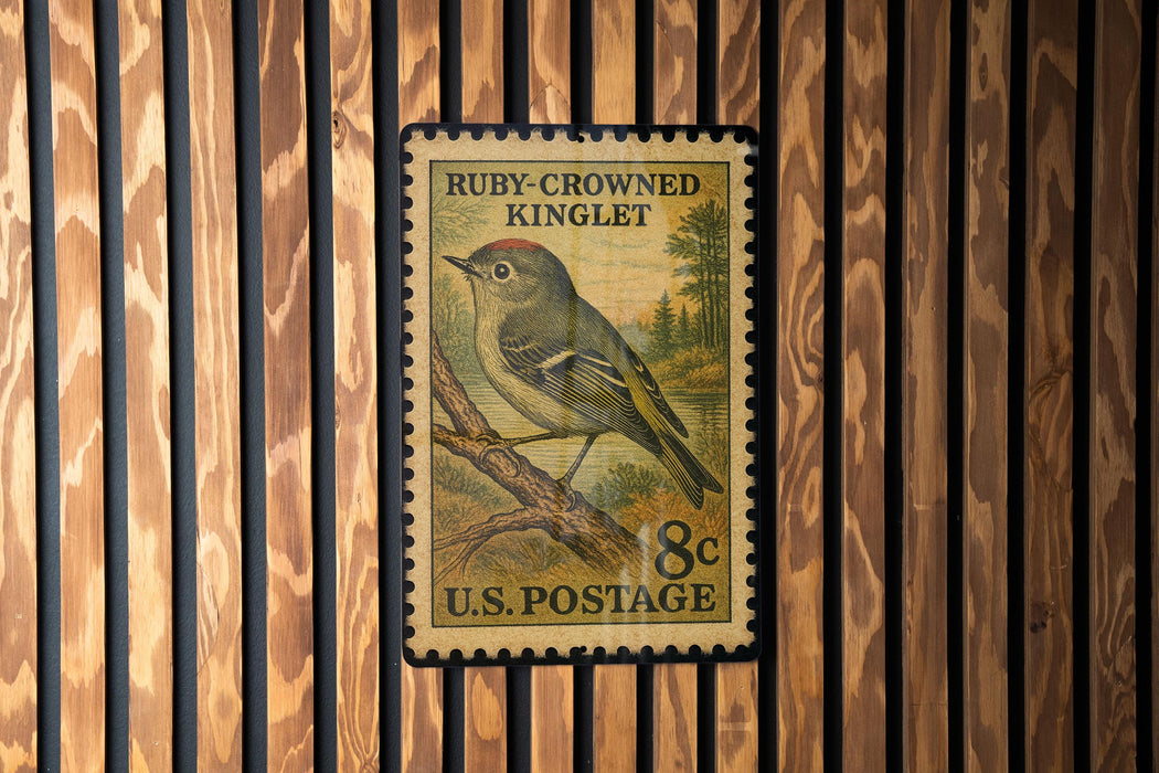 A vintage 8-cent U.S. postage stamp featuring a bird perched on a branch, mounted on a wooden wall.