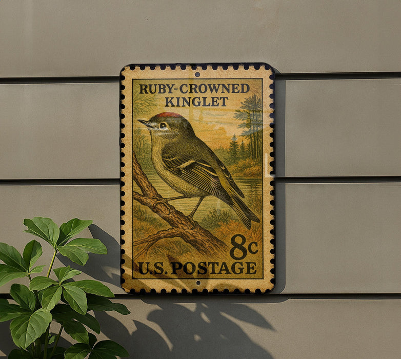 A postage stamp featuring a bird, specifically a Ruby-Crowned Kinglet, is mounted on a wall.