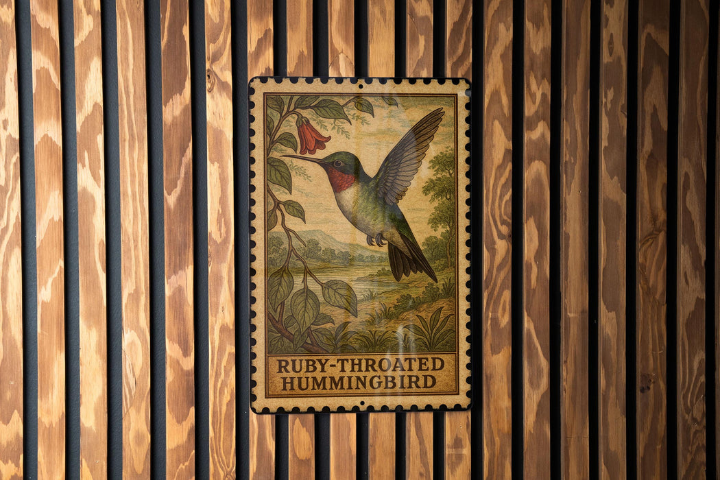 A framed image of a hummingbird is displayed on a wooden wall.