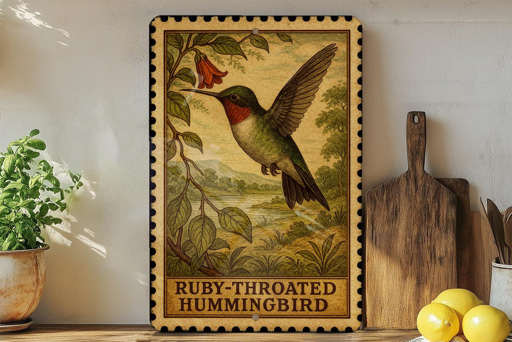 A framed illustration of a hummingbird is displayed on a shelf, with a potted plant and a wooden cutting board nearby.