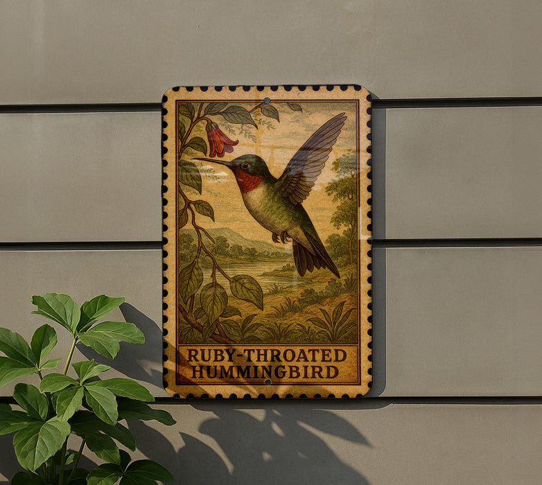a wooden sign with a picture of a hummingbird, mounted on a wall next to a plant.