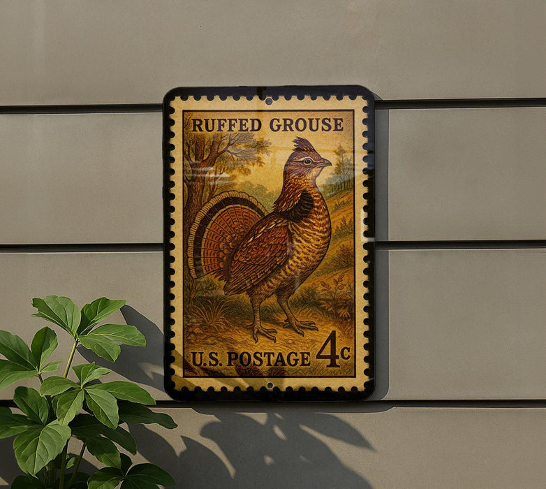 A postage stamp featuring a ruffed grouse, a type of bird, is displayed on a wall.