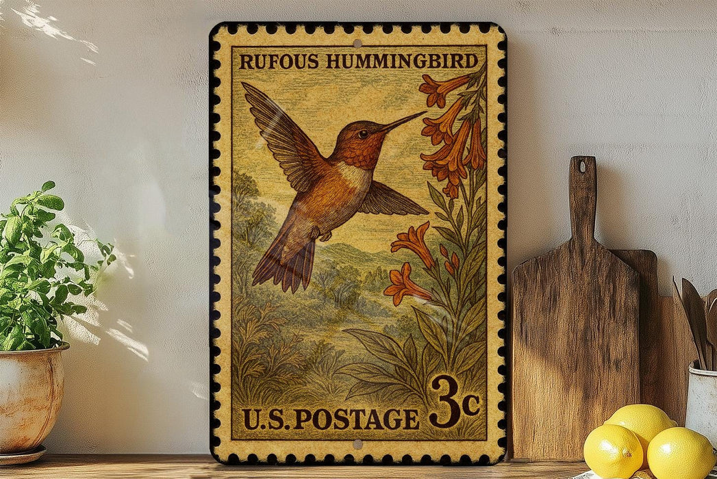 A vintage postage stamp featuring a hummingbird, with the text "Rufous Hummingbird" and "U.S. Postage 3¢" printed on it. The stamp is displayed on a shelf next to a wooden cutting board and a potted plant.
