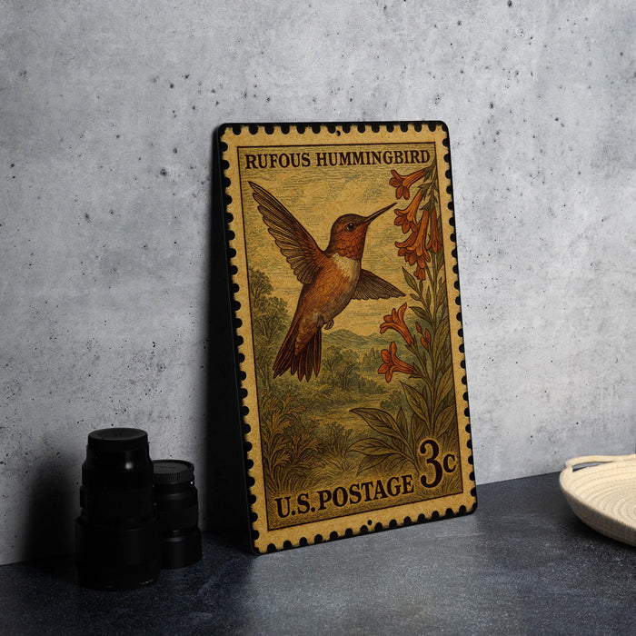 A vintage postage stamp featuring a colorful illustration of a hummingbird, placed on a dark surface next to some black camera lenses.