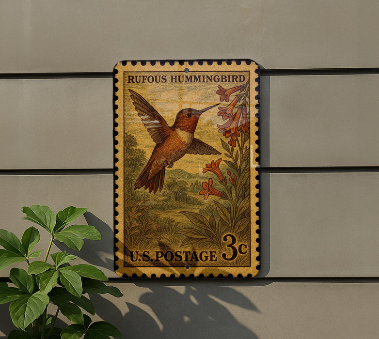 A postage stamp featuring a colorful hummingbird is displayed on a wall, with a plant in the foreground.