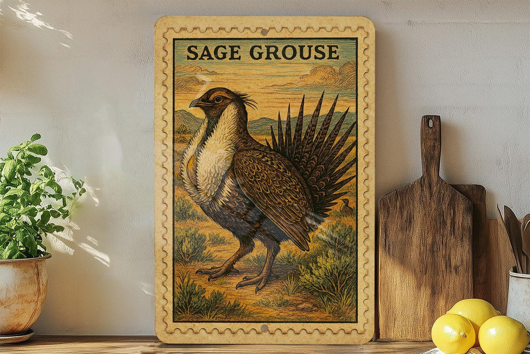 a framed illustration of a bird, specifically a Sage grouse, standing on a grassy field. The bird is depicted in a detailed and realistic manner, with its feathers and wings clearly visible. The framed artwork is placed on a shelf, surrounded by various kitchen utensils and items, such as a wooden cutting board and a potted plant.