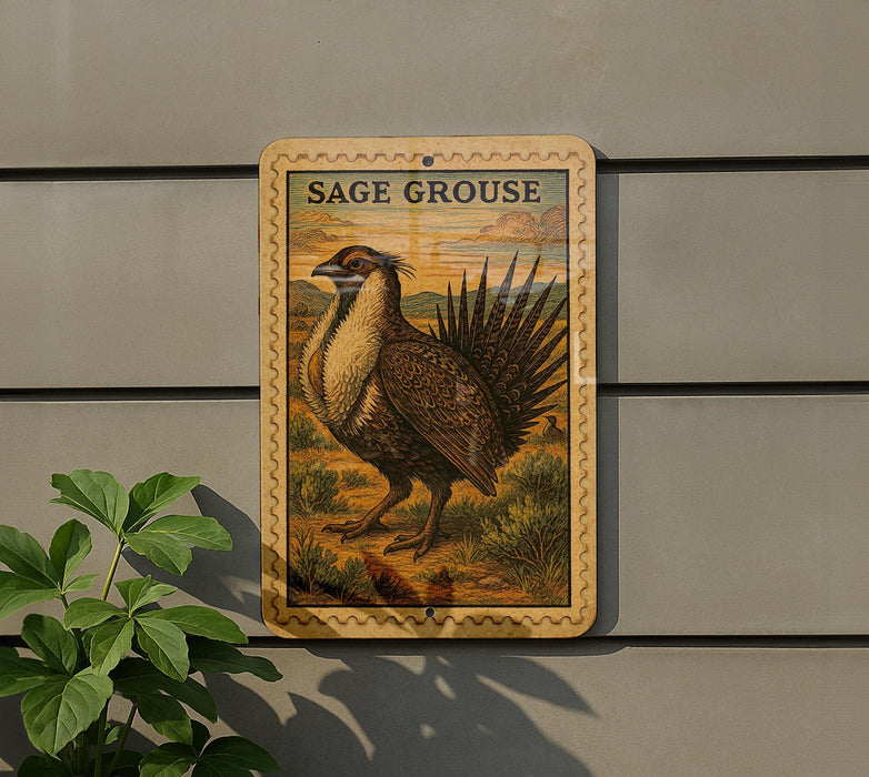 a wooden sign with a picture of a bird, specifically a grouse, mounted on a wall.