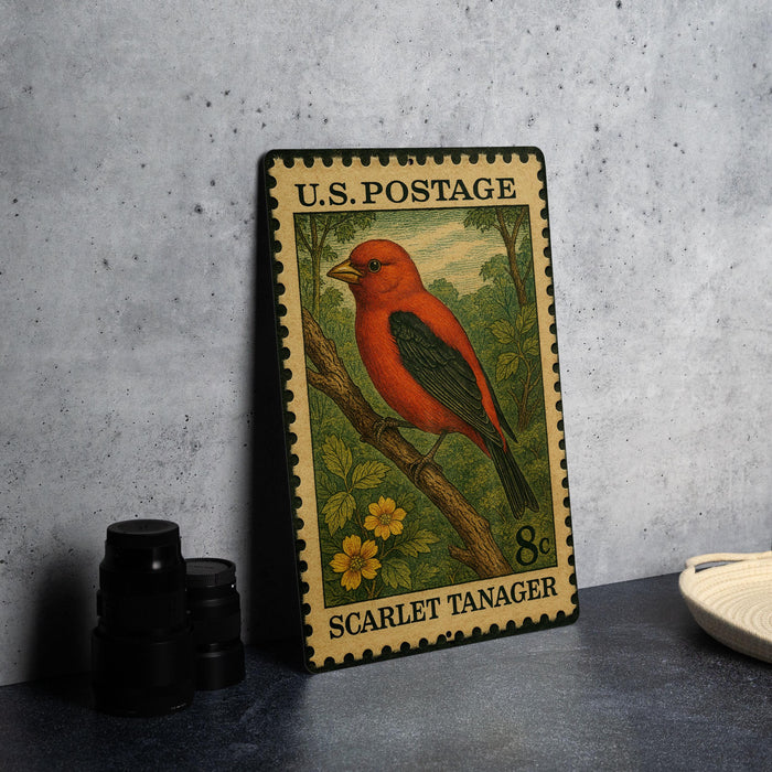 A U.S. postage stamp featuring a red bird, specifically a scarlet tanager, perched on a branch.