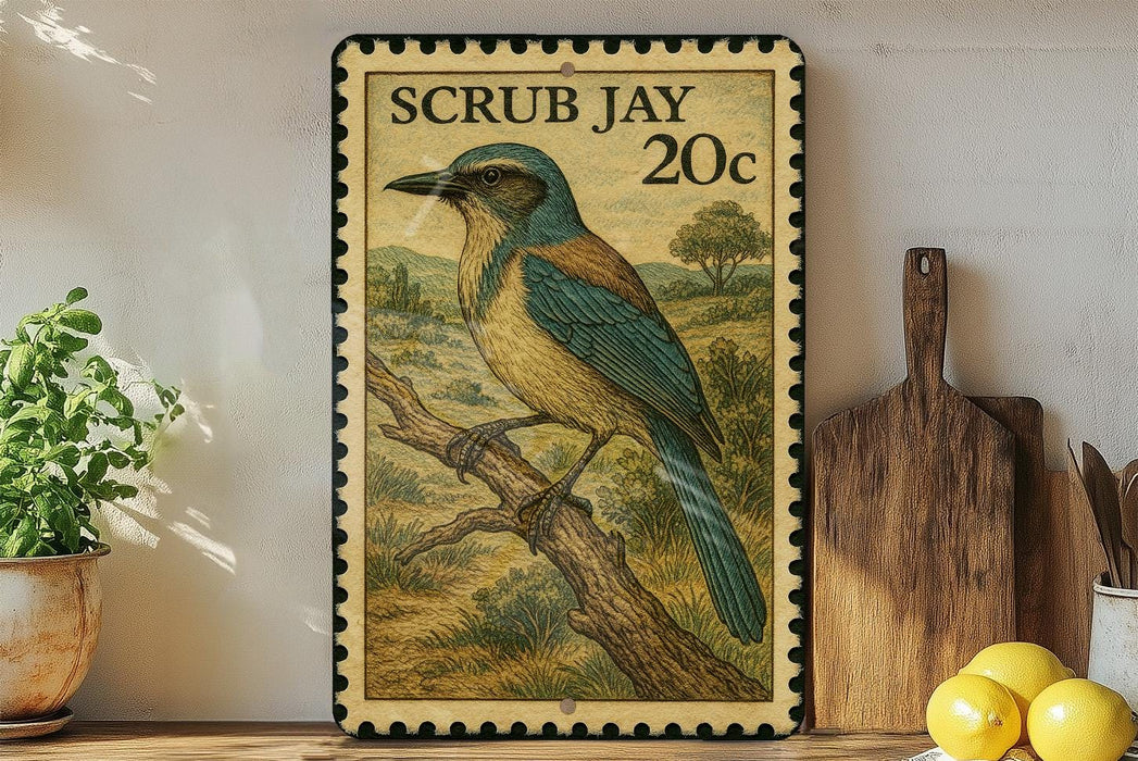 A framed postage stamp featuring a blue and green bird perched on a branch, with a rural landscape in the background.