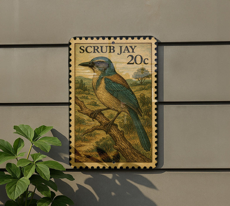 A postage stamp featuring a blue jay perched on a branch, with the text "SCRUB JAY 20c" printed on it.