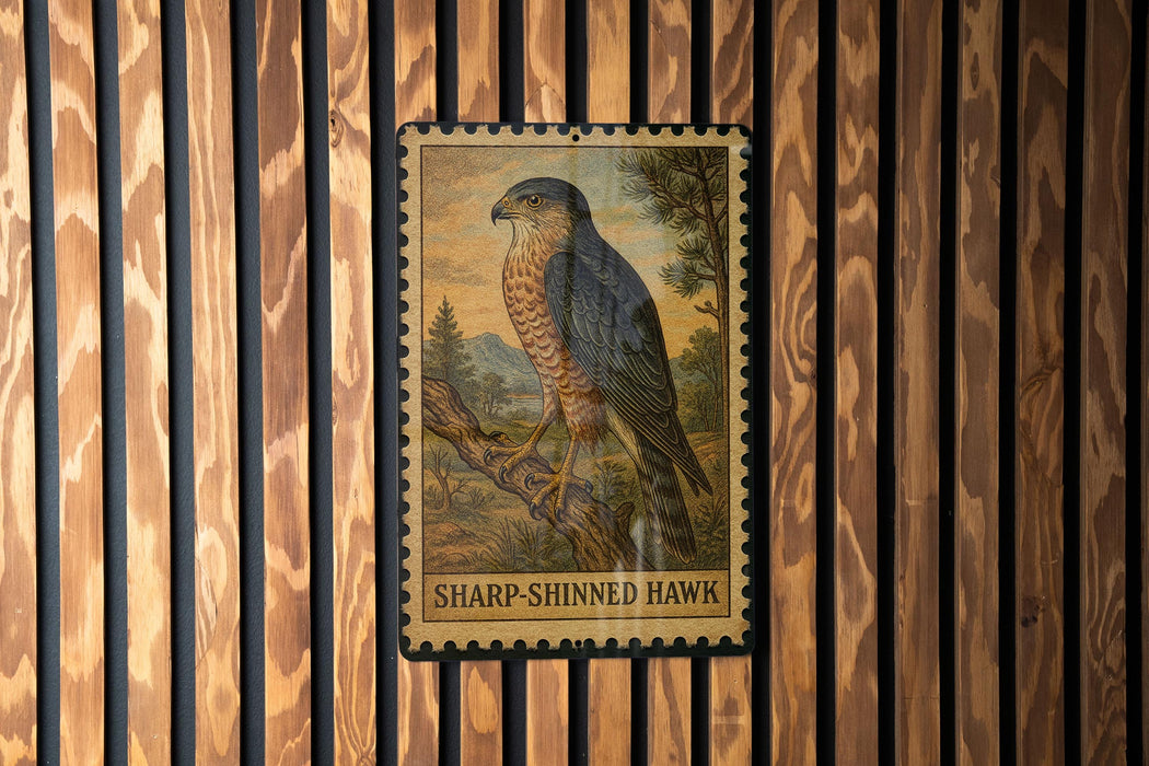 A postage stamp featuring a sharp-shinned hawk perched on a branch, with the text "SHARP-SHINned Hawk" below the image.
