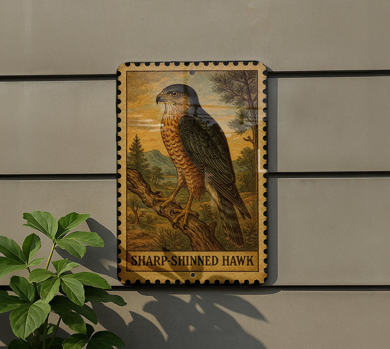 a framed illustration of a sharp-shinned hawk perched on a branch, with the text "SHARP-SHINned Hawk" below the image.
