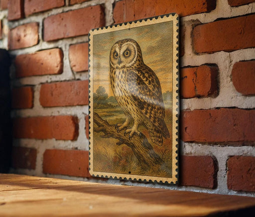 a framed illustration of an owl perched on a branch, mounted on a brick wall.