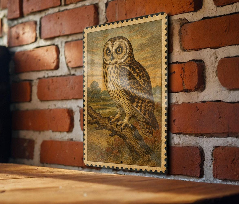 a framed illustration of an owl perched on a branch, mounted on a brick wall.