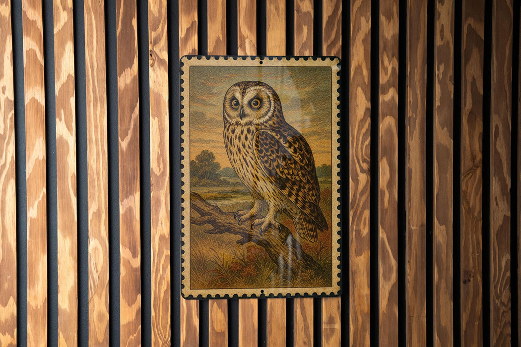 a framed painting of an owl perched on a branch, set against a wooden background with vertical slats.