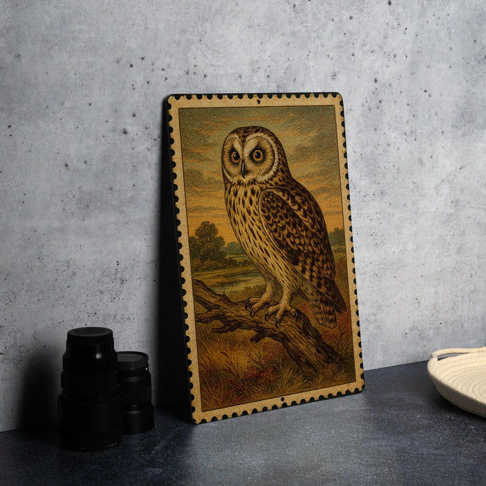 a framed painting of an owl perched on a branch, set against a natural landscape.