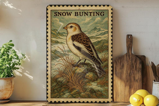 A vintage-style metal sign with a bird illustration, placed on a wooden shelf next to a potted plant and kitchen utensils.