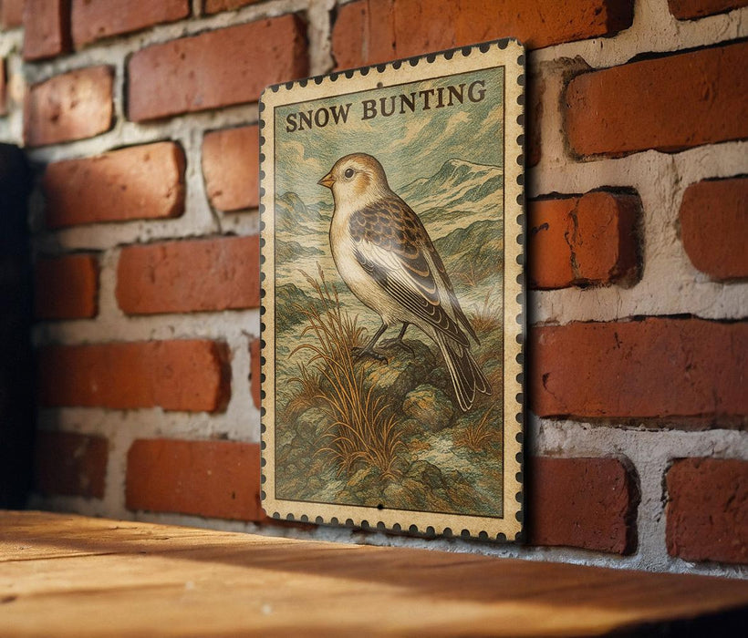 A vintage-style stamp depicting a bird, likely a sparrow, is mounted on a brick wall.