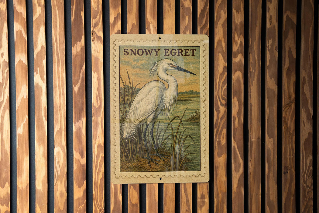 A framed illustration of a white egret is displayed on a wooden wall.