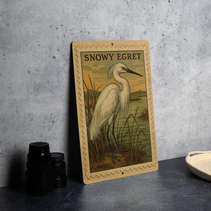 a framed illustration of a snowy egret standing in a grassy field, with a stamp-like border around the edges.