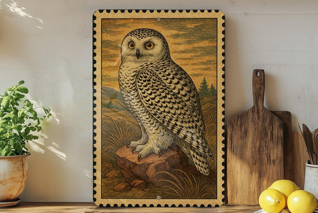 A framed illustration of a white owl is displayed on a shelf, with a wooden cutting board and a potted plant nearby.