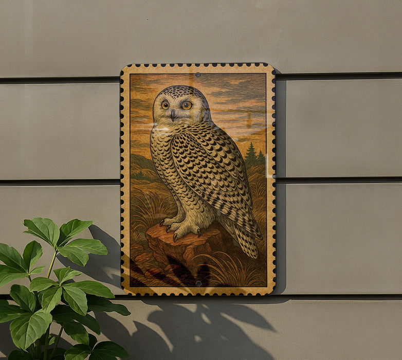 a framed painting of a white owl perched on a rock, set against a natural landscape.