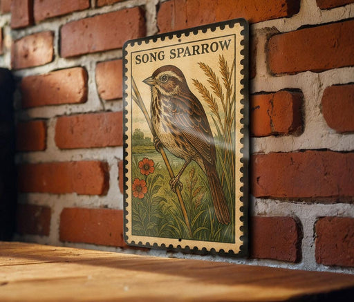 A vintage-style metal stamp depicting a sparrow perched on a branch, with the text "SONG SPARROW" prominently displayed.