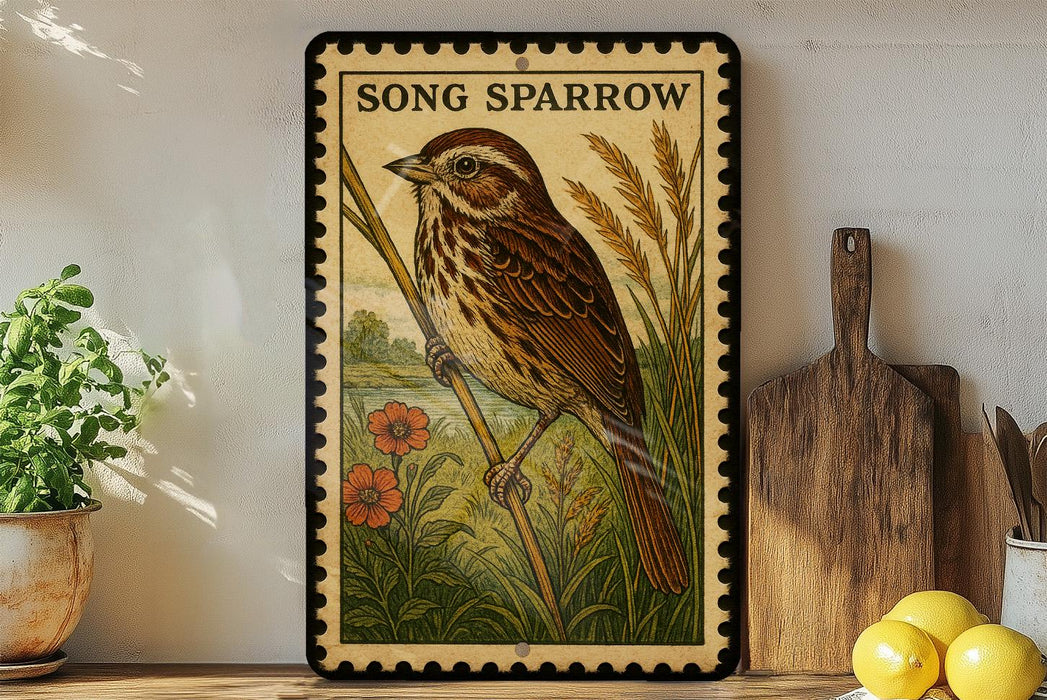 A framed illustration of a brown and white bird, likely a sparrow, perched on a branch with flowers, is displayed on a shelf next to a wooden cutting board and a potted plant.