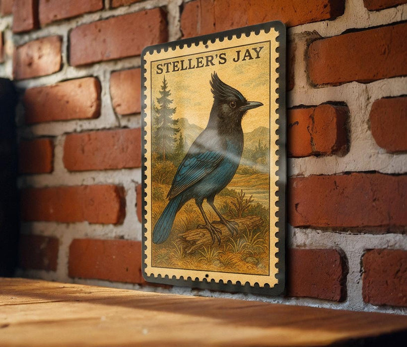 a framed illustration of a blue bird, likely a jay, perched on a branch against a brick wall.